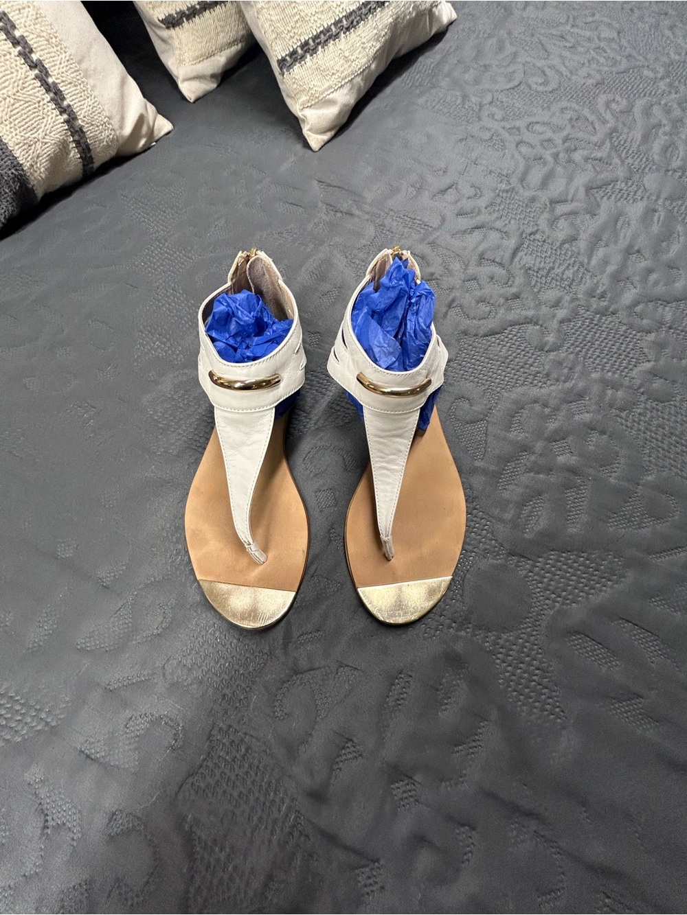 Isola White Leather Sandals with Gold Toe Cap